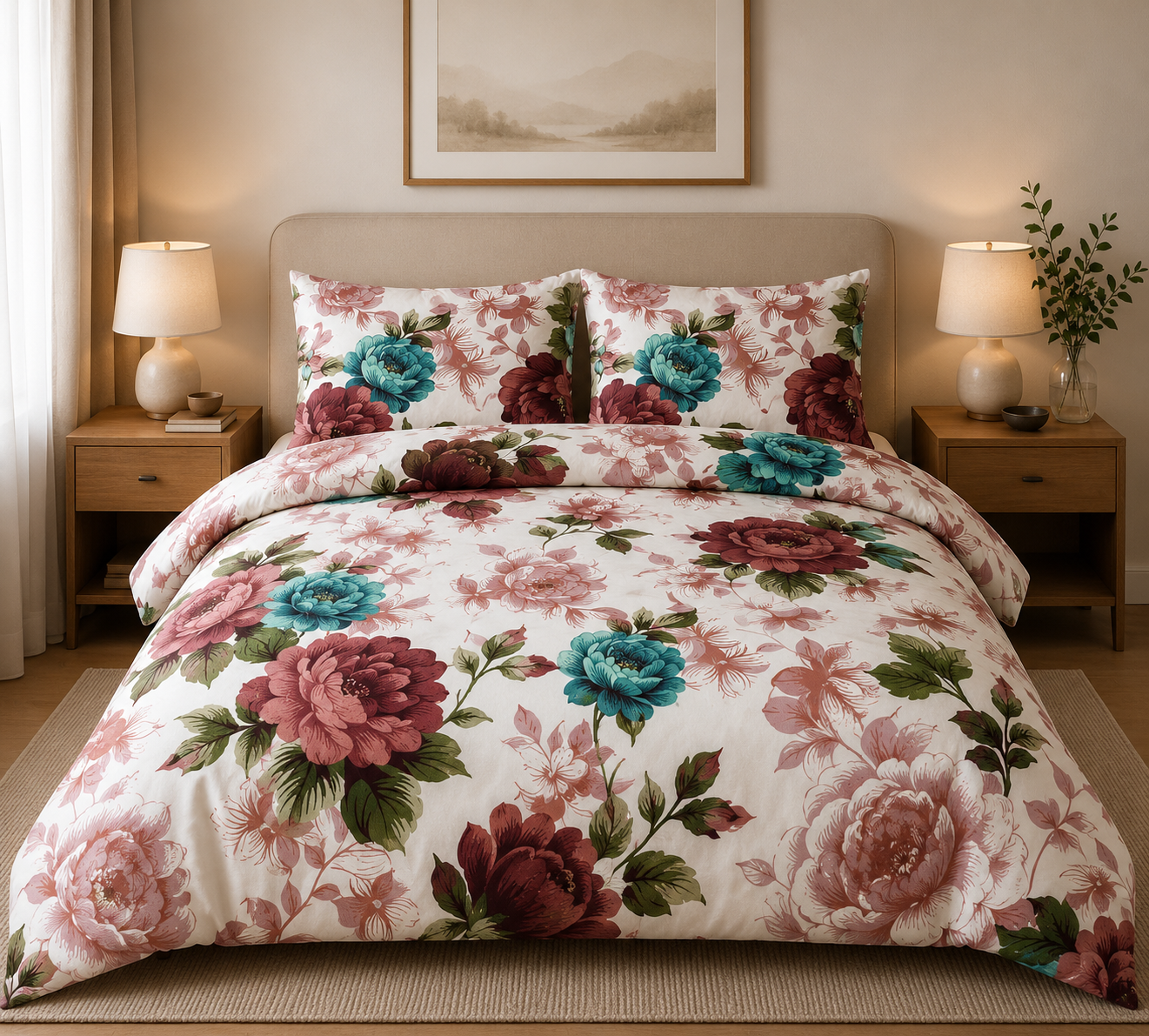 Duvet Cover Set 3 Piece Florals Emerald Linen