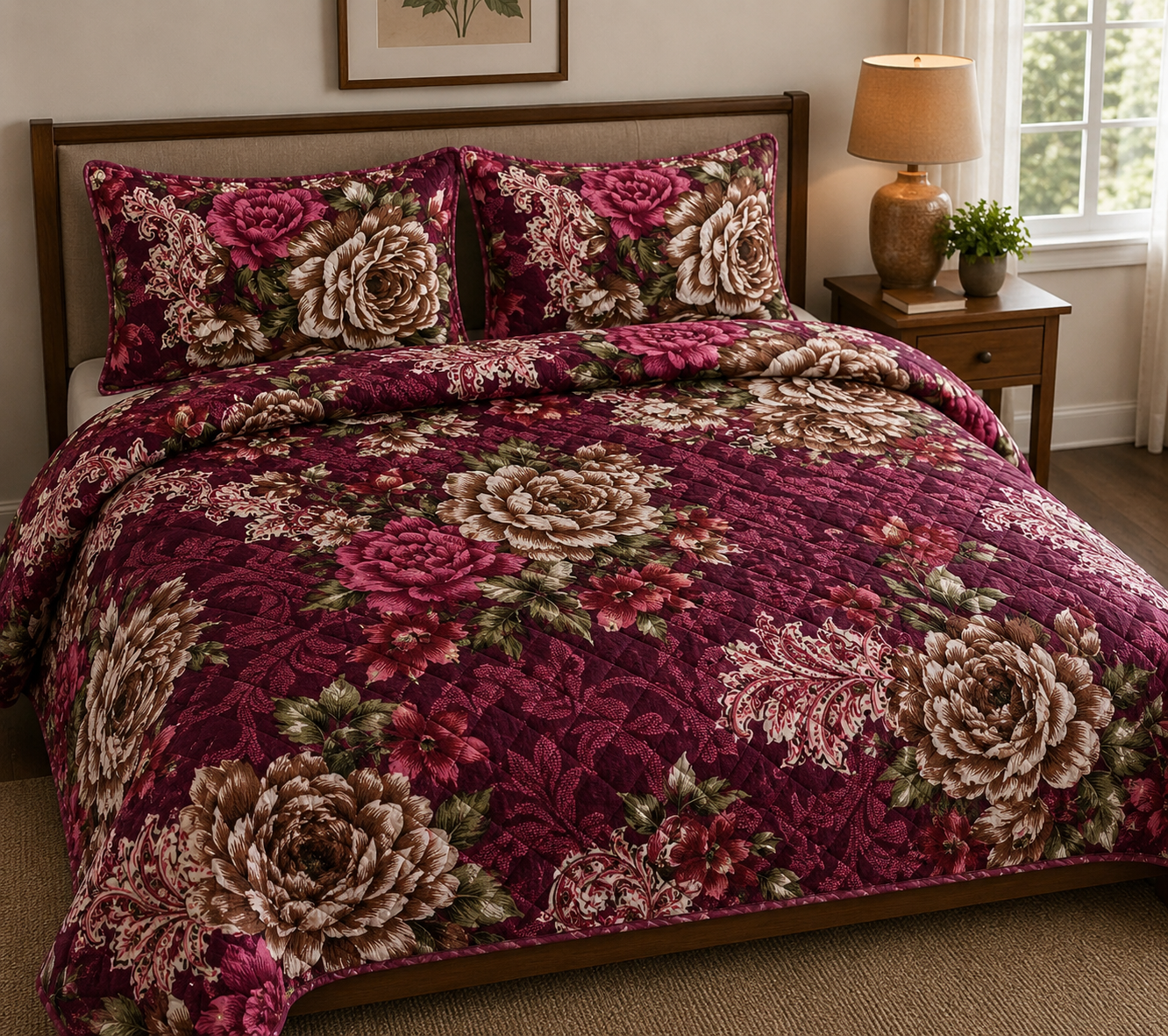 Quilted Comforters Plain & Florals Emerald Linen