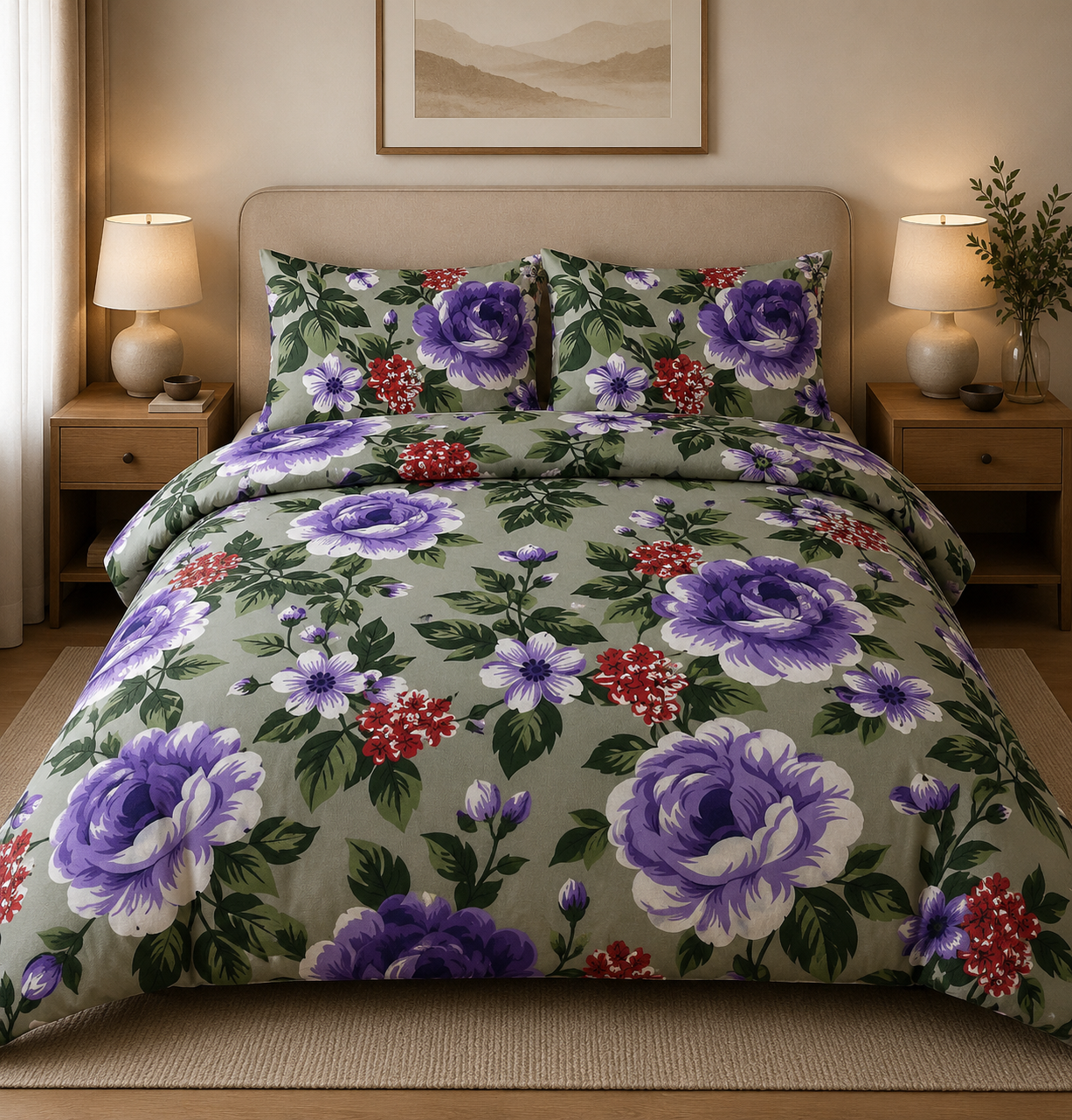 Duvet Cover Set 3 Piece Florals Emerald Linen