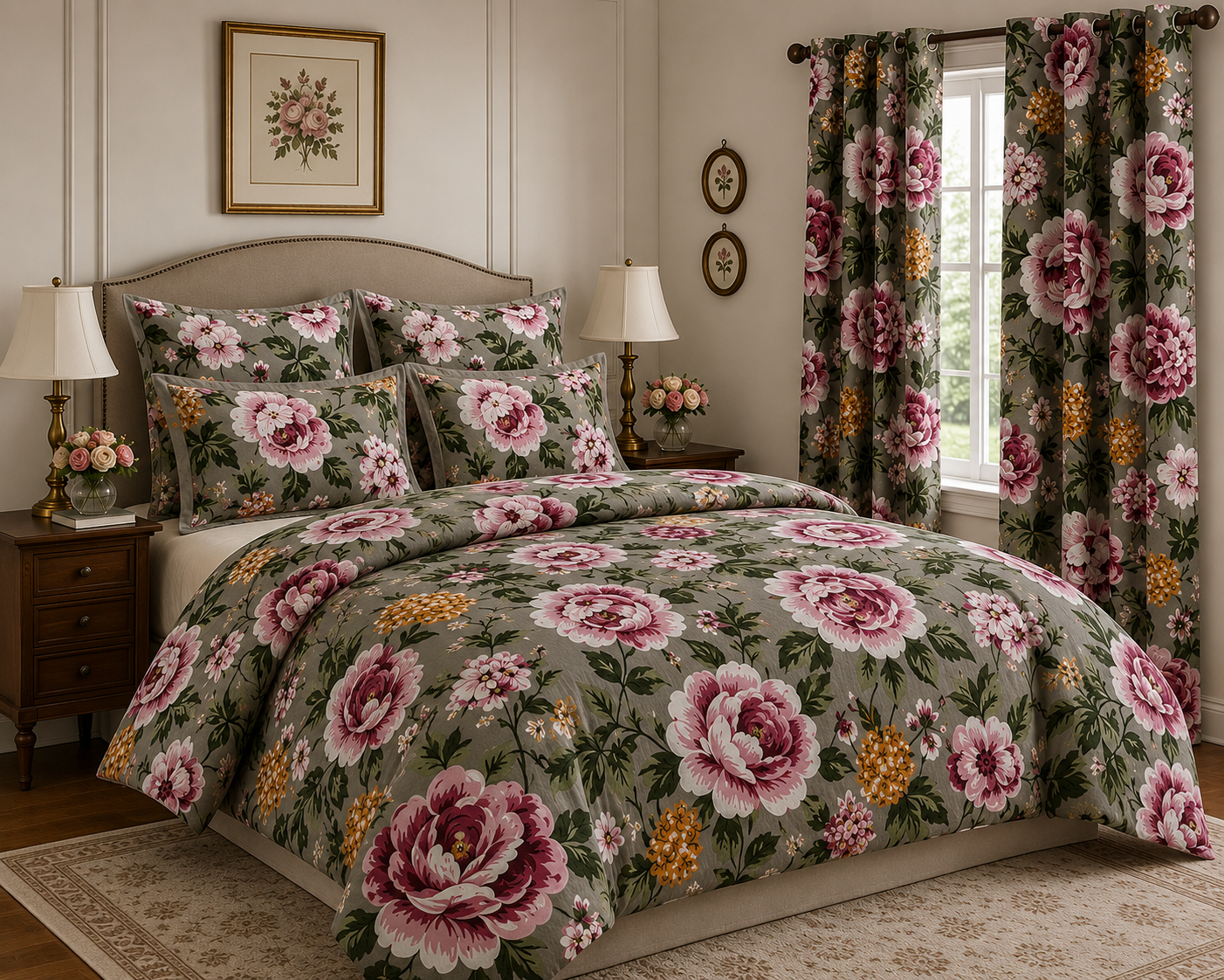 7Pc Duvet Cover Set with Matching Curtain Emerald Linen