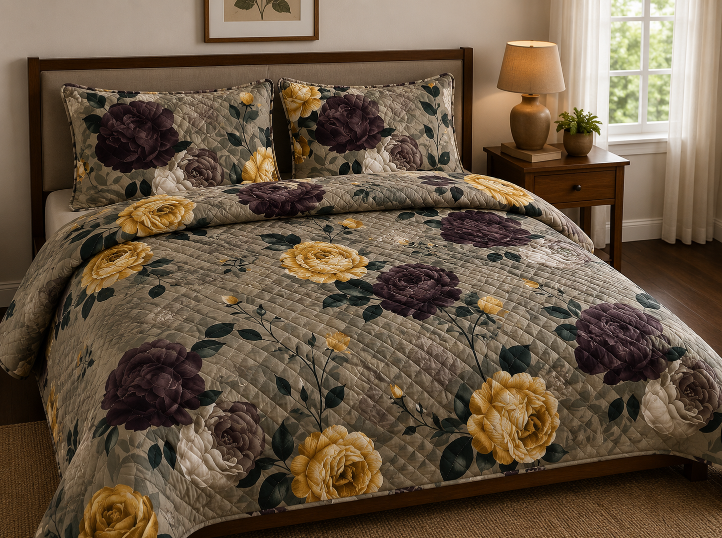 Quilted Comforters Plain & Florals Emerald Linen