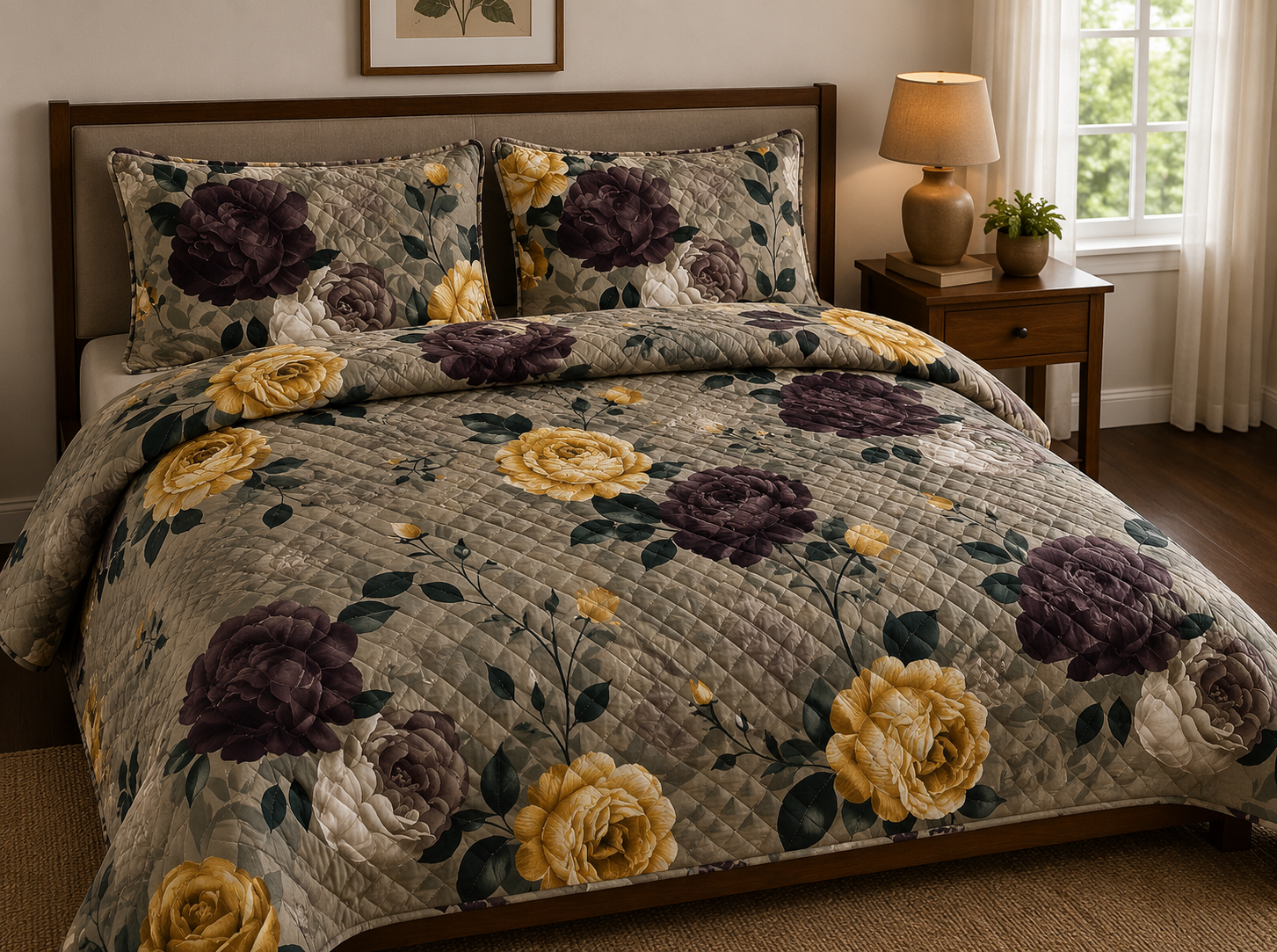 Quilted Comforters Plain & Florals Emerald Linen