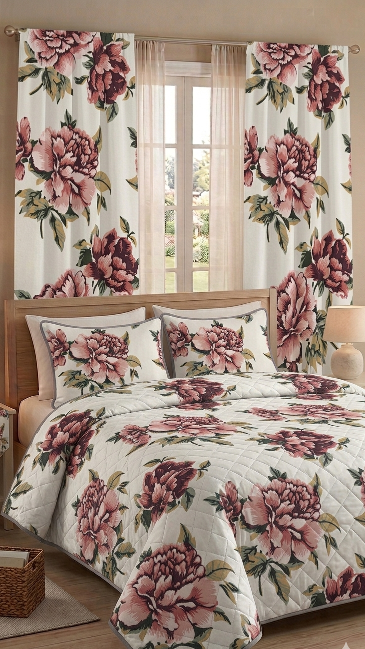 5pc Quilted Comforter Set with Matching Curtain Emerald Linen