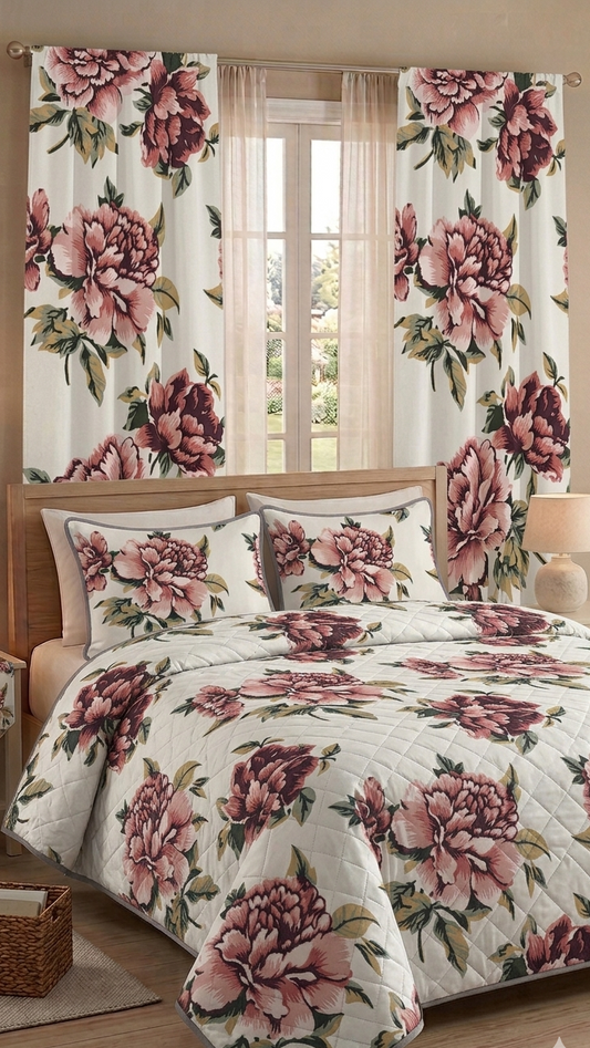 5pc Quilted Comforter Set with Matching Curtain Emerald Linen