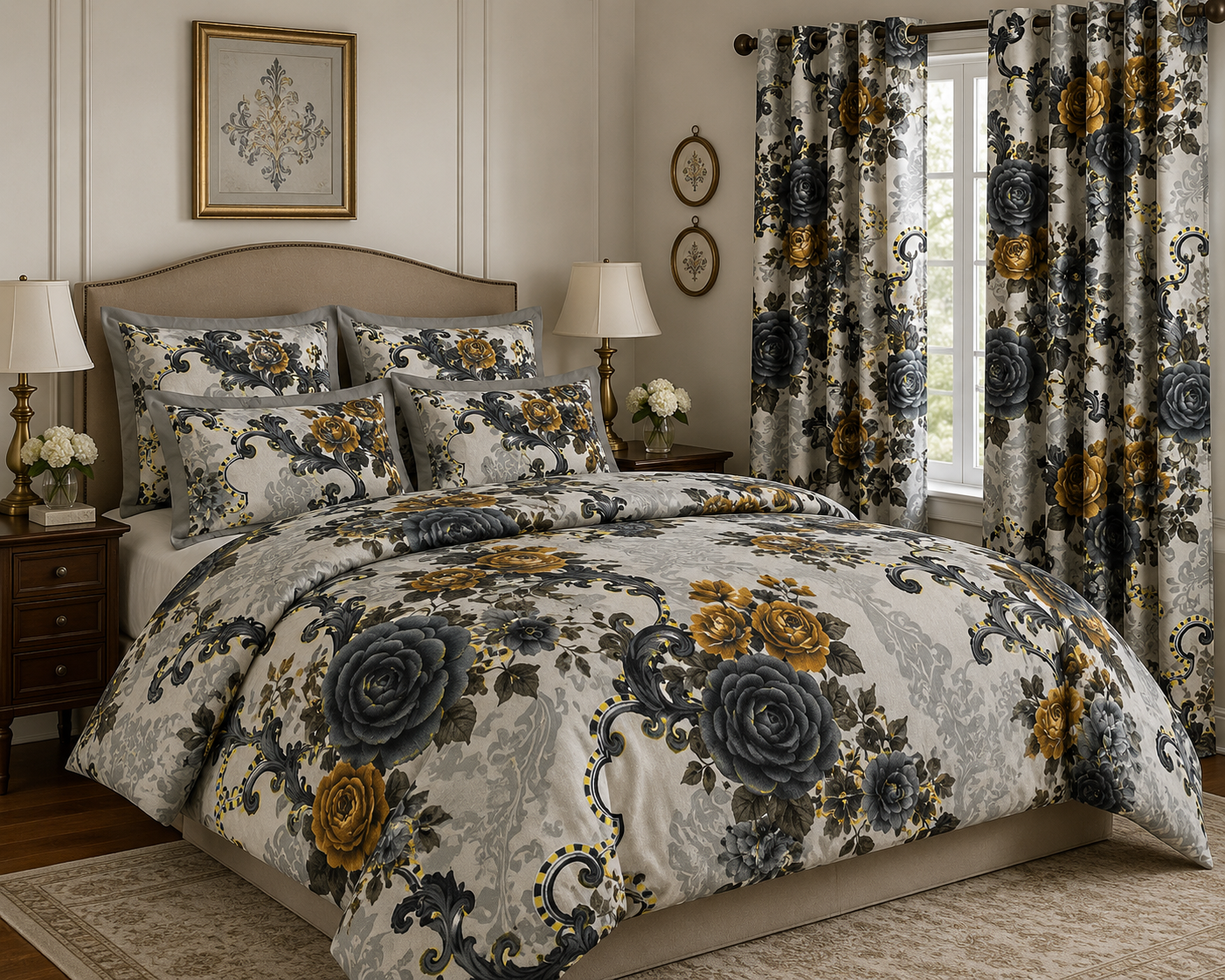 7Pc Duvet Cover Set with Matching Curtain Emerald Linen
