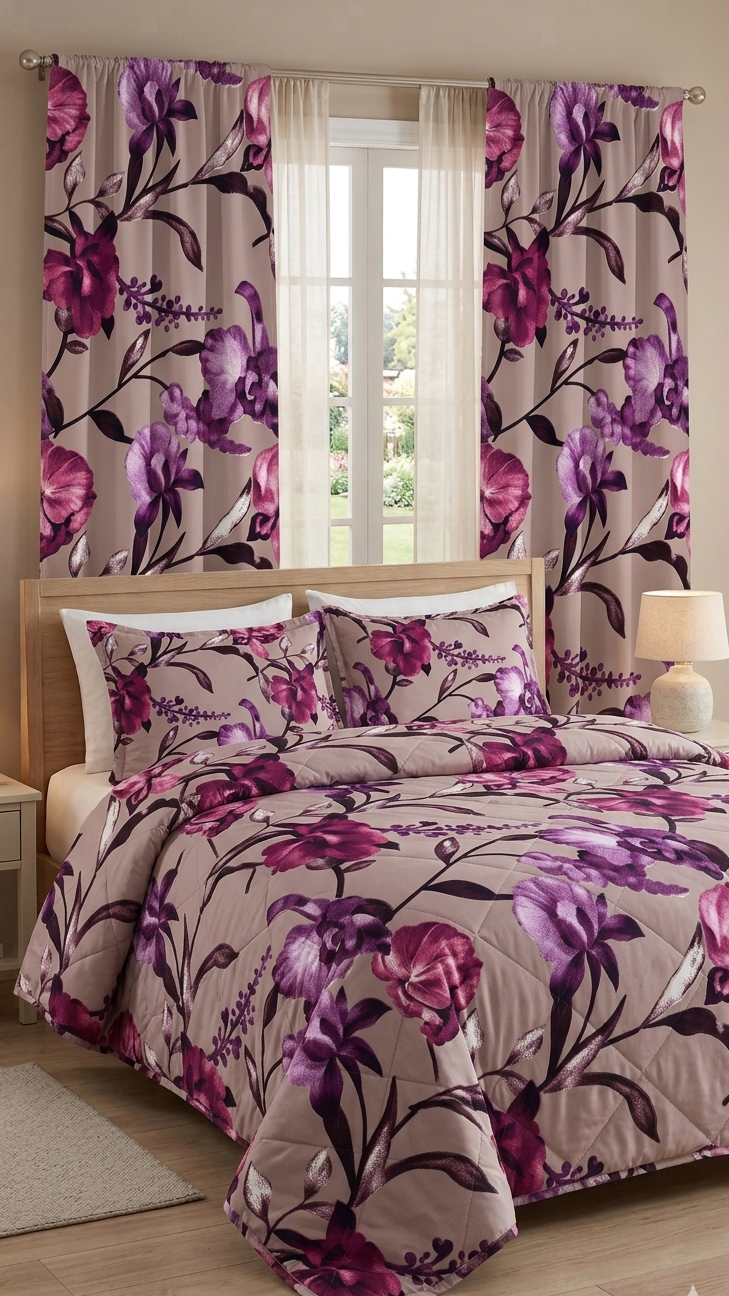 5pc Quilted Comforter Set with Matching Curtain Emerald Linen