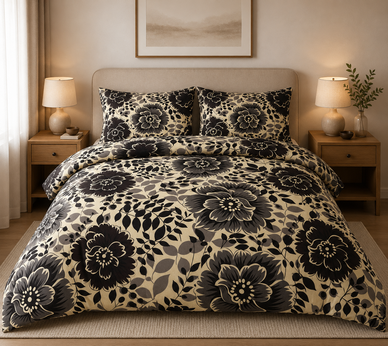 Duvet Cover Set 3 Piece Florals Emerald Linen