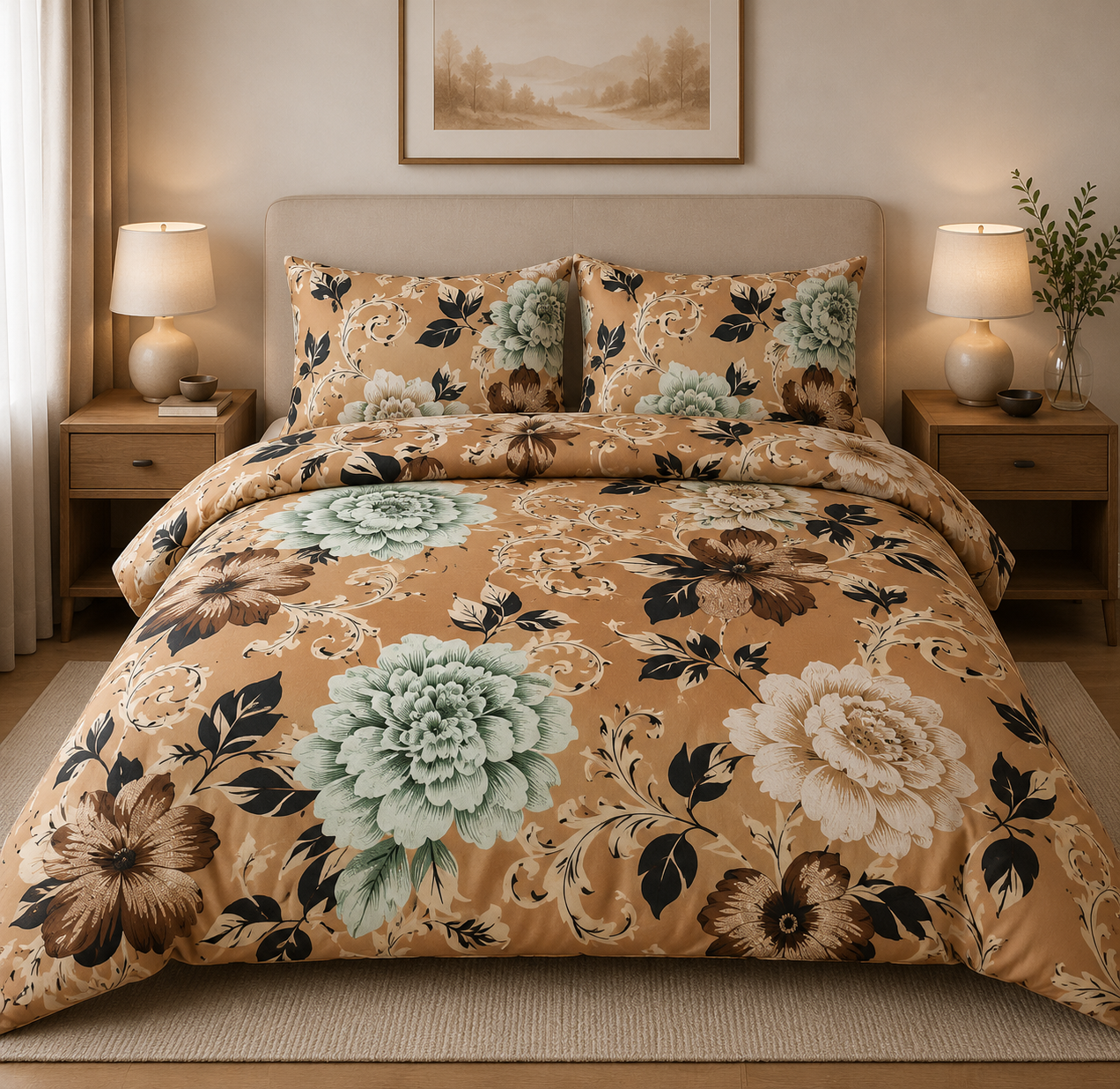 Duvet Cover Set 3 Piece Florals Emerald Linen