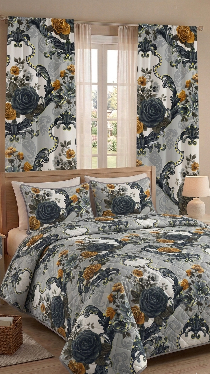 5pc Quilted Comforter Set with Matching Curtain Emerald Linen