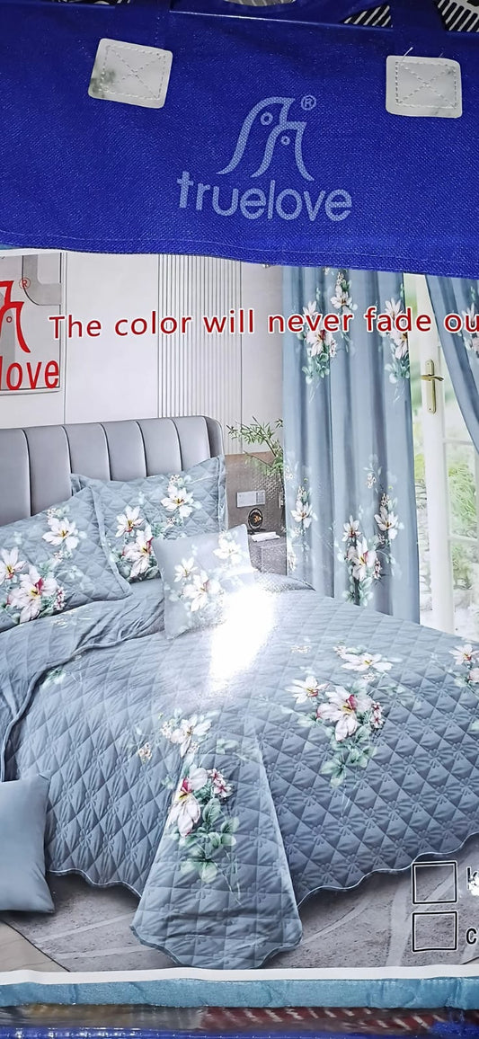 7pc Quilted Bed Spread with Curtain