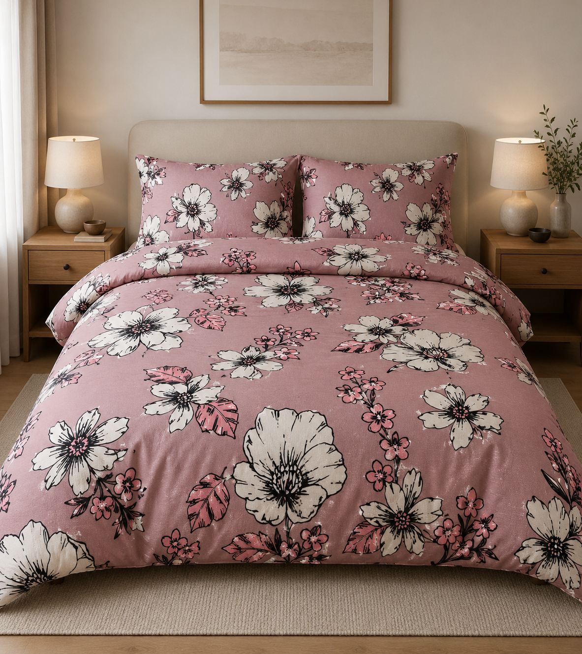 Duvet Cover Set 3 Piece Florals Emerald Linen