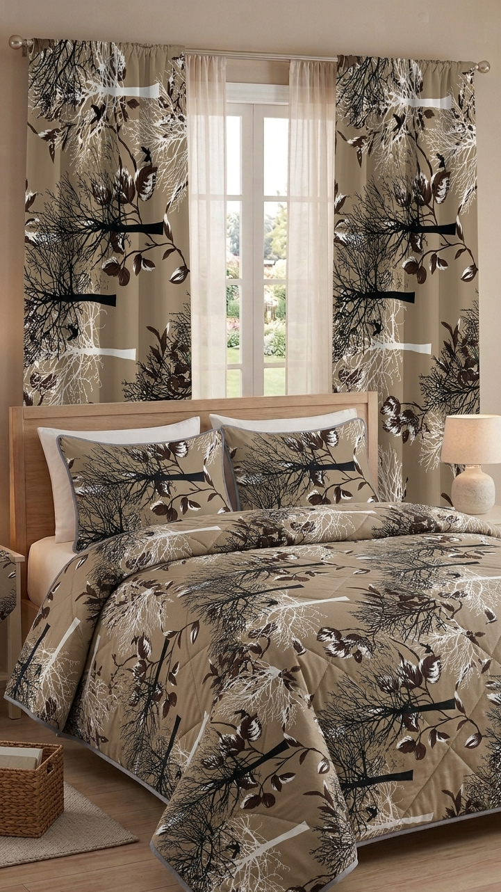 5pc Quilted Comforter Set with Matching Curtain Emerald Linen