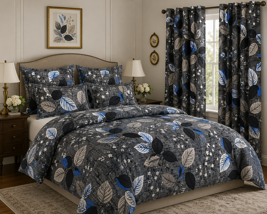 7Pc Duvet Cover Set with Matching Curtain Emerald Linen