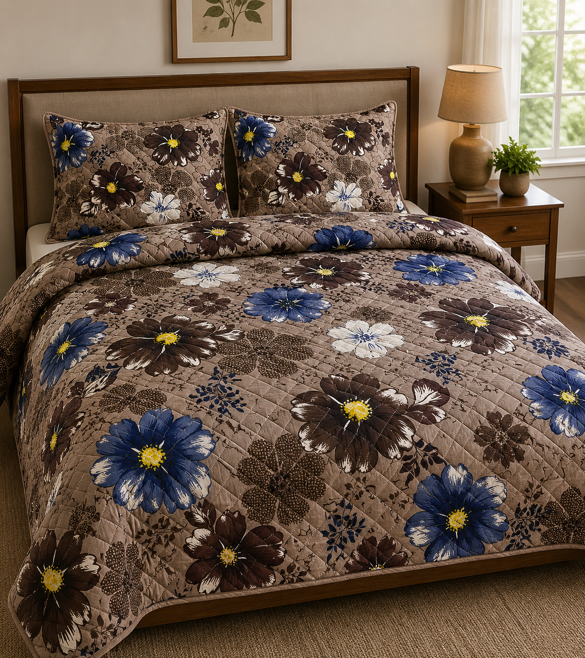 Quilted Comforters Plain & Florals Emerald Linen
