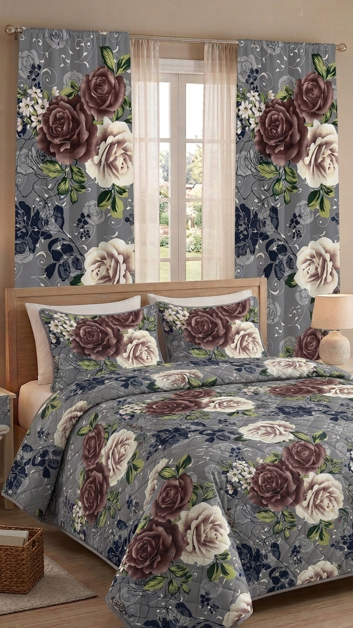 5pc Quilted Comforter Set with Matching Curtain Emerald Linen
