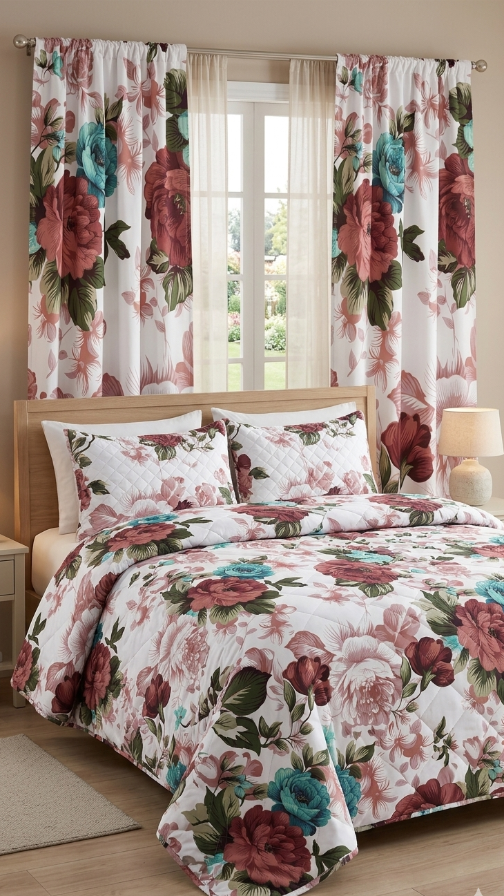 5pc Quilted Comforter Set with Matching Curtain Emerald Linen