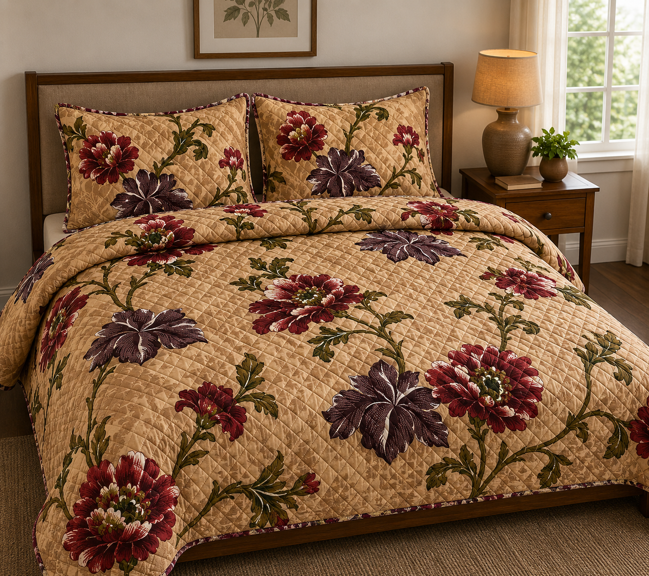 Quilted Comforters Plain & Florals Emerald Linen