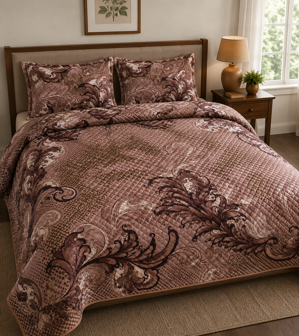Quilted Comforters Plain & Florals Emerald Linen